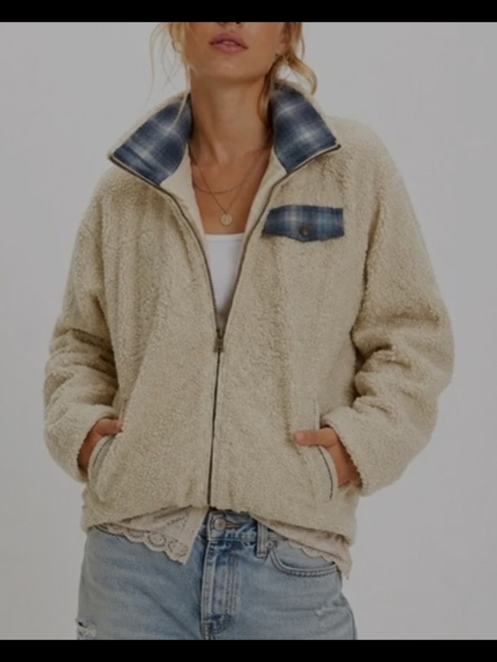 Pendleton Teddy Bear Sherpa Plaid Full Zip Jacket Cream Off White XL Wool Blend